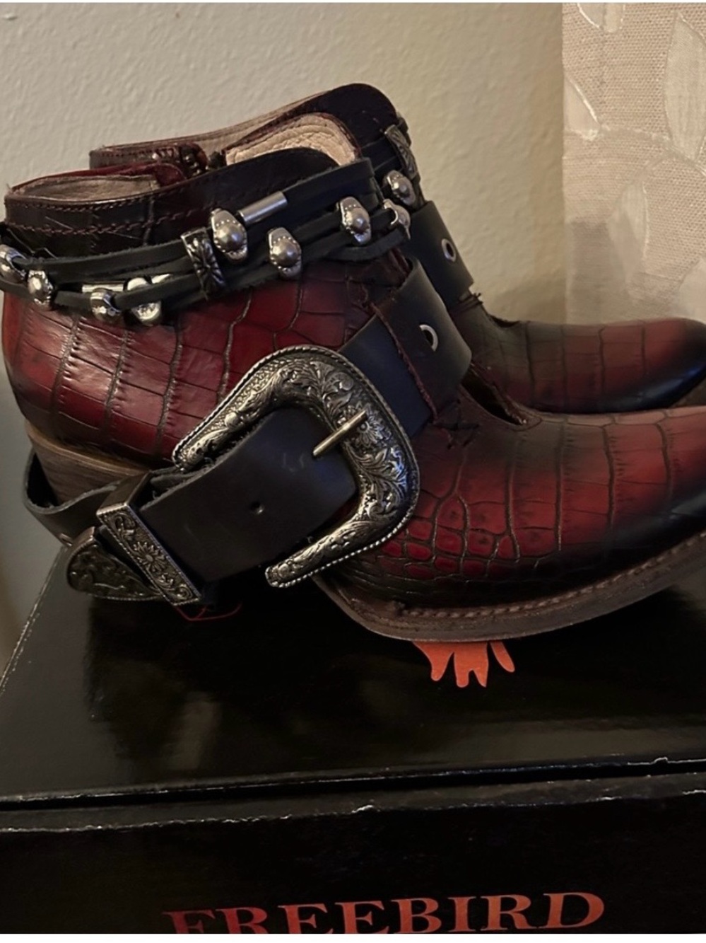 freebird Red Brown Croc-Embossed Leather Ankle Boots with Studded Strap